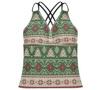 FRODOTGV Top Tankini da donna in maglia rossa verde bianca con motivo natalizio ad asciugatura rapida per controllo della pancia, Rosso Verde Bianco Knit Modello Natale, XL