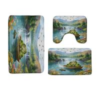 Frog Funny Spring Mountain Waterfall River Nature Scenery Landscape Flower Copriwater Set 3 Pezzi, Zerbino Lavabile Tappetino Da Bagno Per Servizi Igienici Doccia