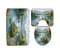 Frog Funny Spring Mountain Waterfall River Nature Scenery Landscape Flower Set Di Tappeti Da Bagno 3 Pezzi, Zerbino Lavabile Tappetino Contorno Wc Per Toeletta Doccia