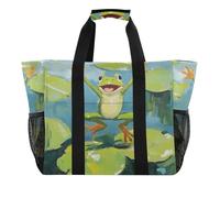 Frog Jump Lily Pads Summer Utility Beach Tote pieghevole con tasche con manici borsa da spiaggia, Frog salto giglio pastiglie estate, 1 size, Moda