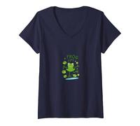 Frog Life: Scena di Stagno anfibia Stravagante per Gli Amanti della Natura Maglietta con Collo a V, Donna, Navy, XXL