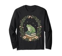 Frog on Books with Floral Wreath Whimsical Artwork Maglia a Manica