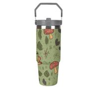 Frogs And Mushrooms - Bicchiere da viaggio con cannuccia, in acciaio inox isolato, con manico, design a doppia parete, coperchio a prova di perdite, mantiene le bevande calde/fredde per ore
