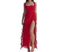 FROGTEST Abito estivo da donna, sexy, con doppio spacco alto, scollo a V, senza maniche, con volant sulla schiena scoperta, maxi abito da cocktail, Rosso, XS