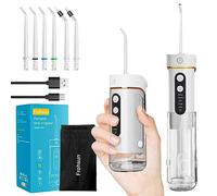 Frohsun Retrattile Idropulsore Dentale Portatile Idropulsore Cordless IPX7 Impermeabile con un solo pulsante 5 intensità dell'acqua 6 Ugelli di ricambio cura di viaggio e uso domestico-Bianco