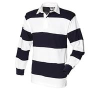 Front Row - Maglia da rugby a maniche lunghe, a righe cucite Bianco & Navy (colletto bianco) M