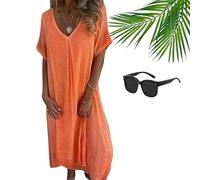 Frontaley Cotton and Linen V-Neck Midi Dress,Frontaley Dress,Linen Midi Dresses for Women,Solid Casual Dress (2XL,Orange)