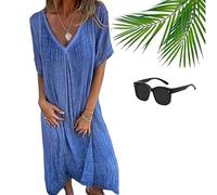 Frontaley Cotton and Linen V-Neck Midi Dress,Frontaley Dress,Linen Midi Dresses for Women,Solid Casual Dress (2XL,Blue)
