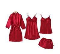 FROON Pigiama da donna in seta simulata, set 4 pezzi, canotta, camicia notte, pantaloncini e vestaglia for la casa primaverile/estiva(Rot,XX-Large)