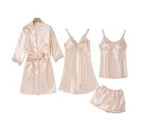 FROON Pigiama da donna in seta simulata, set 4 pezzi, canotta, camicia notte, pantaloncini e vestaglia for la casa primaverile/estiva(Champagne,X-Large)
