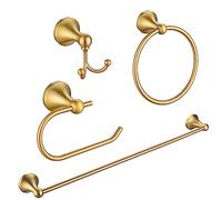FROPO Set di 4 accessori da bagno in ottone spazzolato, kit di accessori da bagno color oro, barra portasciugamani da parete in acciaio inox da 60 cm, gancio per asciugamani, porta carta igienica,