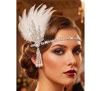 FrostyFlair 1920s Fascia per Capelli Donna, Cerchietto Flapper con Piume, Perle e Strass, Accessori per Capelli Anni '20 per Costume Donna (Bianco Argento)