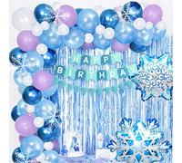 Frozen Palloncini Decorazioni Compleanno, Palloncini Kit Festa Compleanno Fiocchi Neve Blu Metallizzati Viola Bianca Buon Happy Birthday Banner con Fiocchi Neve per Ragazza Compleanno Baby Shower