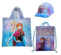 Frozen Set Mare 3 Pezzi, Asciugamano-Poncho, Sacca Zaino Leggero, Cappellino. Originali con Etichetta.