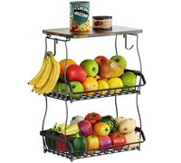 Fruit Basket,3 Tier Kitchen Countertop Rack,Fruit Bowl with Wood Lid,Detachable Fruit Holder for Fruit, Vegetables, Snacks in Home, Kitchen Office