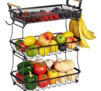 Fruit Basket, organizer in metallo a 3 livelli, Kitchen Counter Storage Rack with Banana Hanger, Wire Stand for Produce Snack Bread Display, Pantry Farmhouse Home Decor, 45 x 36,8 x 21,8 cm