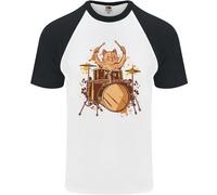 Fruit of the Loom Cat Drummer Drumming Uomo Maglia Baseball a Maniche Corte