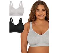 Fruit of the Loom Plus Size Wireless Cotton Bra Reggiseno Altamente Coprente, Opaca, Grigio Melange/Tono Nero, 6E (Pacco da 2) Donna
