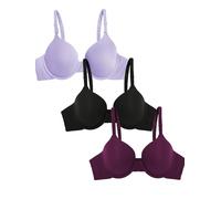 Fruit of the Loom Smooth Cotton T-Shirt Bra-Ultra-Soft, Flexible, And Invisible Under Tees Reggiseno, Opaque, Viola Whisper/Velluto Viola/Nero, 4E (Pacco da 3) Donna