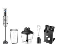 Grunkel - Potente frullatore a mano da 2000 W in acciaio inox, tazza inclusa e opzione set accessori con asta, tritatutto e supporto, pizzo metallico e base in silicone, colore argento
