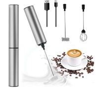 Frullino Montalatte Elettrico Ricaricabile USB con 3 Accessori, 2 Velocità, 800 mAh - Per Caffè, Cucina, Frullino, Frustino Elettrico, Bricchetto Frusta - Argento