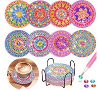 Frundoo 8 Piezas DIY Diamante Artes Pintura Posavasos, 5D Diamond Painting Posavasos Redondos Posavasos Kit de Pintura de Posavasos de Diamantes para Bebidas Taza de Mesa