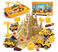 FRUSE Sabbia per Bambini,Kit di Sabbia con Sabbia Magica,4 Camion da Costruzione,4 Stampi per Castelli,Scatola di Sabbia con Coperchio,Sabbiera Giocattolo per Ragazzi e Ragazze Oltre i 3 Anni