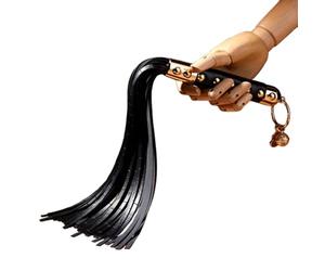Frusta in Pelle con Manico Decorato, 50 cm, Nero e Oro
