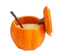 Fruusv Condiment Jar, Halloween Pumpkin Shape, 400ml Lidded Seasoning Jar with Spoon, Cute Food Storage Container for Kitchen Coffee Tea Leaves Sugar Snacks Soup, 4.5 x 4.13 inches