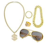 Fruusv Hip Hop Costume Kit, 5 80s/90s Rapper Dress Accessories Set, Fake Gold Chain, Necklace, Bracelet, Punk Sunglasses, Dollar Sign Ring, Retro Party Outfit for Men and Women, 150g