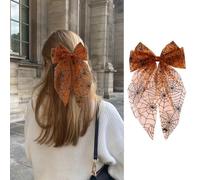 FRUZJAY Fermagli per capelli di Halloween Fiocchi per capelli di Halloween Ragnatela Archi per capelli in rete arancione Fermagli per capelli a ragnatela con piccoli disegni di ragno Forcina per