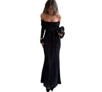 Fryloo Abito Donna Fuori Spalla Pizzo Sirena Maxi A Manica Lunga da Sera, Full Foderato Non-Sheer Flare Abito-Black-XL