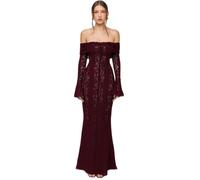 Fryloo Abito Donna Fuori Spalla Pizzo Sirena Maxi A Manica Lunga da Sera, Full Foderato Non-Sheer Flare Abito-Plum-s