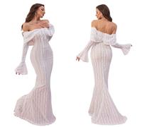 Fryloo Abito Donna Fuori Spalla Pizzo Sirena Maxi A Manica Lunga da Sera, Full Foderato Non-Sheer Flare Abito-Pattern 1-XL