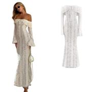 Fryloo Abito Donna Fuori Spalla Pizzo Sirena Maxi A Manica Lunga da Sera, Full Foderato Non-Sheer Flare Abito-Pattern 2-s