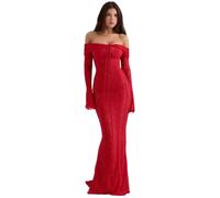 Fryloo Abito Donna Fuori Spalla Pizzo Sirena Maxi A Manica Lunga da Sera, Full Foderato Non-Sheer Flare Abito-Red-l