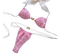 Fryloo Costume da Bagno Bikini con Strass Donna Push Up Cinturino Laterale in Due Pezzi Lucido Beach Pool Vacation-Come L'Immagine_b-s