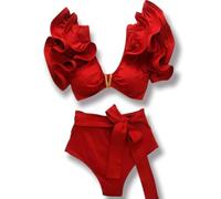 Fryloo Costume Donna Viola Ruffled Bikini Set, V-Trim Push-up Top & Alta Vita Bow Bottom, Elegante Costumi da Bagno A Due Pezzi per Le Vacanze in Piscina sulla Spiaggia-mo19879r1-m