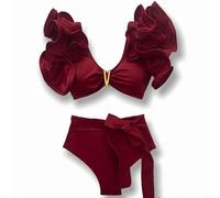 Fryloo Costume Donna Viola Ruffled Bikini Set, V-Trim Push-up Top & Alta Vita Bow Bottom, Elegante Costumi da Bagno A Due Pezzi per Le Vacanze in Piscina sulla Spiaggia-mo19879r2-m