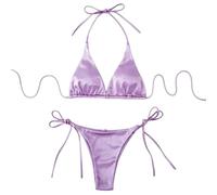 Fryloo Costume Metallic Halter Bikini Set for Women - Two-Piece Tie Side Triangle Swimsuit Summer Beach Pool Bathing Suit-purple1-m