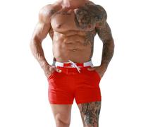 Fryloo Costume Uomini Blu Bianco Colore Blocco Pantaloni da Bagno, Rapido Asciutto Stretch Spiaggia, Elastico Vita Leggeri Tavola-Red-XXXL