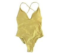 Fryloo Costume Women Sexy Padded One Piece Swimsuit, Solid Color Monokini Swimwear, Bathing Suit for Summer Beach, Maillot De Bain Femme-dsolid-golden1-xl