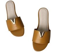 Fryloo Pantofole Donna Nero V-Metallo Accento Diapositive Sandali, Aperto Piede Piatto A Una Cinghia, Elegante Casual Scarpe da Spiaggia per Il Giorno-brown-36-cn