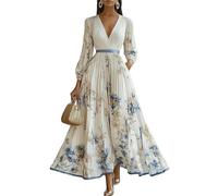 Fryloo Vestiti a Maniche Lunghe Maxi Abito Floreale Bohémien Femminile, Lungo dal Scollo V Profondo Sexy, Patchwork Design, Manicotto Primaverile, Sciolto, Vestito da Festa Casual alla Moda