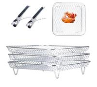 Frytter - Set di 3 cestini impilabili per friggitrice ad aria compressa + 2 pinze, in acciaio inox, scaffalatura per friggitrice ad aria, impilabile, per friggitrice ad aria calda (quadrato 20 x 20 x