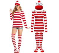 FS-PINGXIANG Set di costumi a righe rosse e bianche da donna, maglietta, cappello, occhiali e calzini sopra il ginocchio a righe, accessori per Halloween, cosplay, addio al nubilato, libri, Natale
