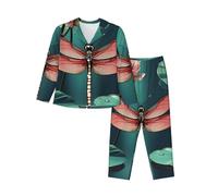 FSCEV Dragonfly With Water Lily Donne Maniche Lunghe Pigiama Set Cardigan Due Pezzi Comodo Sleepwear E Loungewear, Nero , XXL