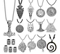 Fscwlmon 18 collane con amuleto vichingo norreno, accessori per capelli vichinghi, per uomini e donne, martello, bussola, ascia, lupo, talismano, collana con rune nordiche, perline per capelli
