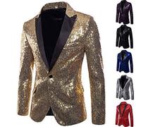 FSFA Blazer elegante con paillette dorate da uomo, a maniche lunghe, slim fit, un bottone, giacca per costume d'affari, decentrata, elegante, formale, per matrimonio, business serata,