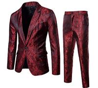 FSFA Giacca da Uomo Blazer Modello Scuro Stile Tribunale ReTro Un Pulsante con Un Vestito Slim Giacca Elegante Business Costume con Tasche Blazer Uomo Chic, 2 pezzi di vino rosso, L